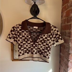 Debut Brown and Cream Floral Checkered Crop Top